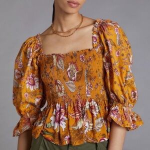 Anthropology Conditions Apply Smocked Boho Paisley Yellow Puff Sleeve Peplum Top